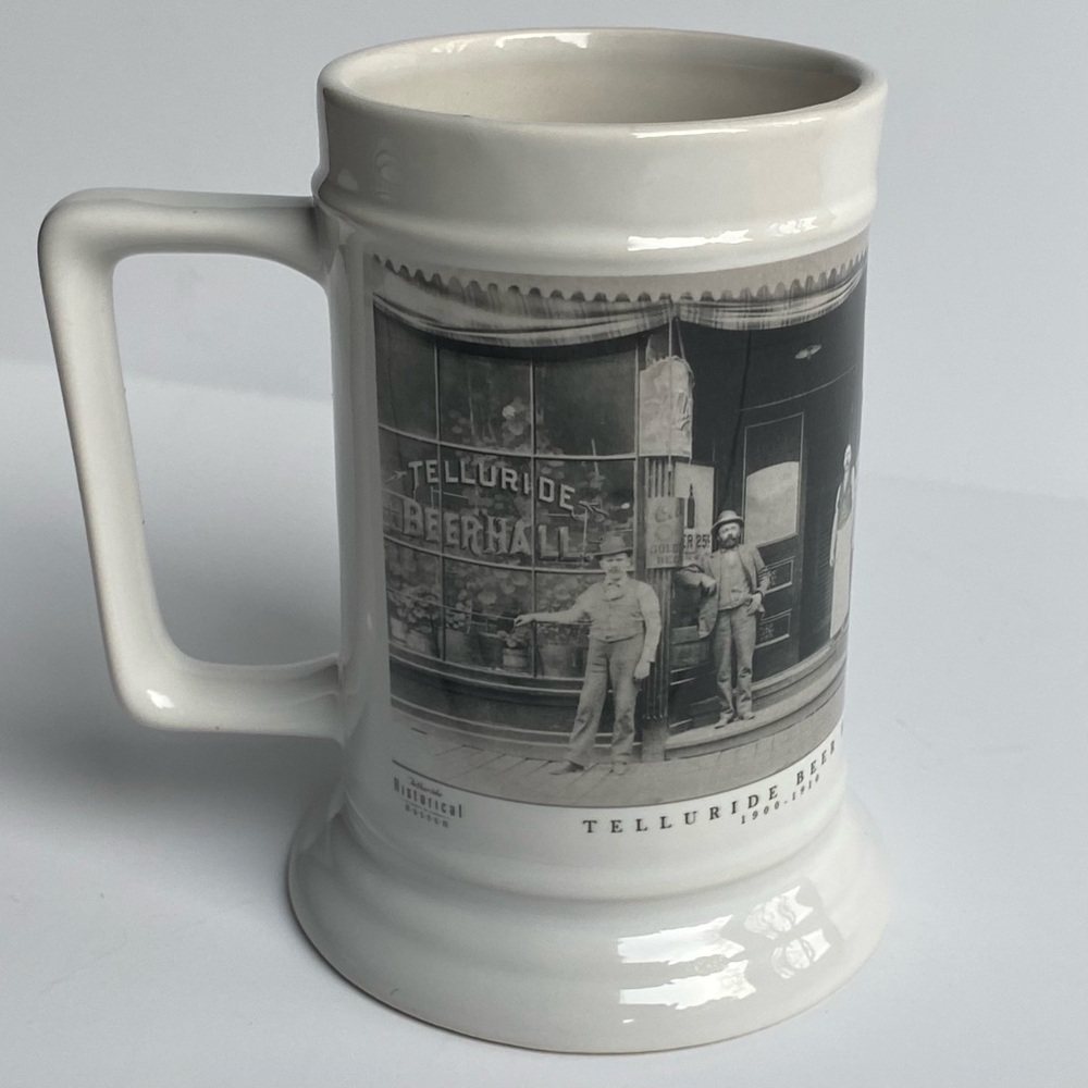 Telluride Historical Museum Mug Stein Beer Hall Ski Slopes EUC White Ceramic
